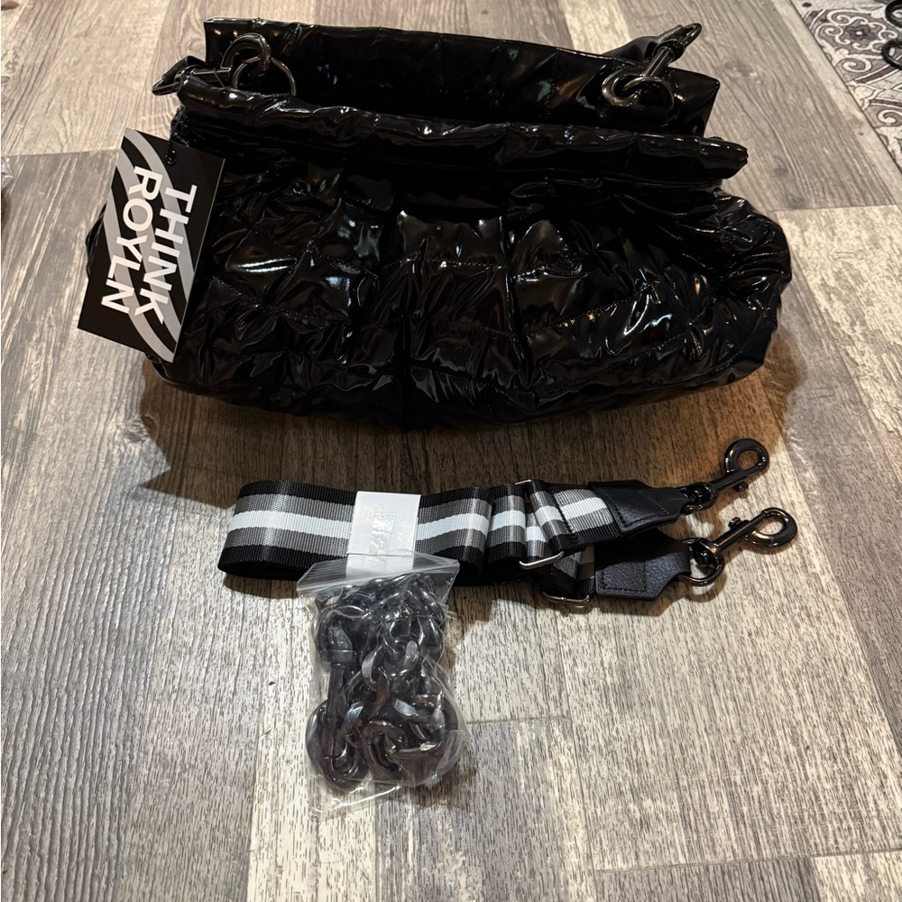 Think Royln Glossy Black Quilted Bag with Striped Strap